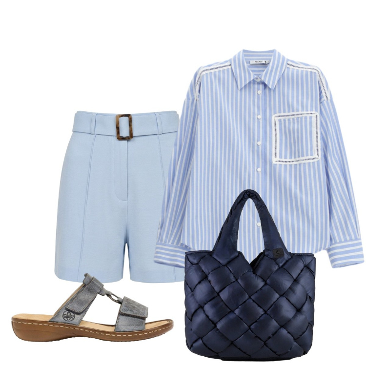 Outfit donna - Azzurro Riviera. Stile Minimal per Mare. Abbinamento con ciabatte, shorts, camicie, borse tote.