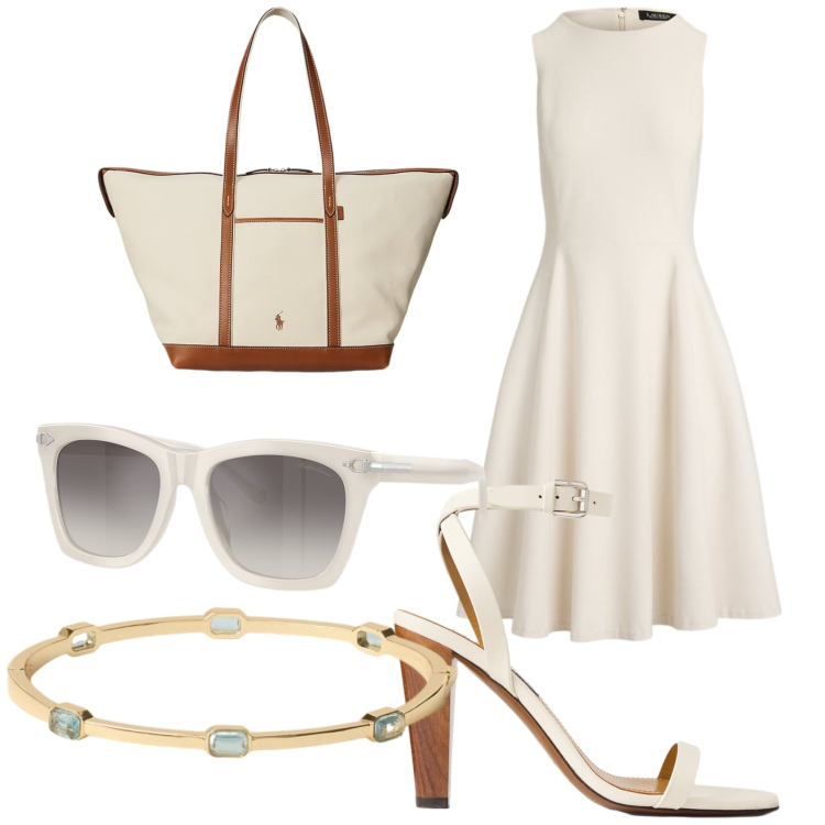 Outfit donna - Chic in bianco panna. Stile Bon Ton per Tutti i giorni. Abbinamento con vestiti midi/longuette, borse tote, occhiali da sole, sandali in pelle, braccialetti.