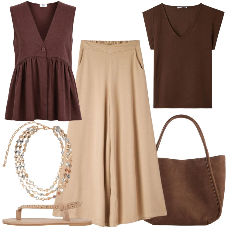 Outfit donna - Total look #2441075. Stile Urban per Tutti i giorni. Abbinamento con shopping bag, gilet, pantaloni, ciabatte, t-shirt, collane.
