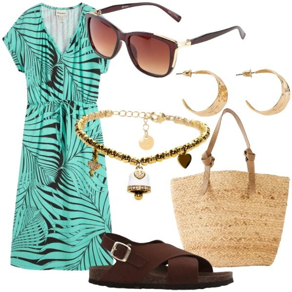 Outfit donna - Incanto esotico. Stile Casual chic per Tutti i giorni. Abbinamento con vestiti, shopping bag, occhiali da sole, orecchini, sandali in pelle, braccialetti.