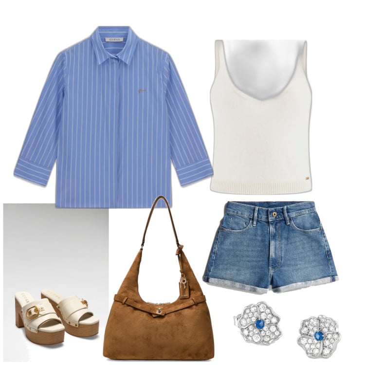 Outfit mujer - Chic #7081. Estilo Chic para Todos los días. Combinación con camisas, zapatos de cuña, bolsos de hombro, shorts, top, pendientes.