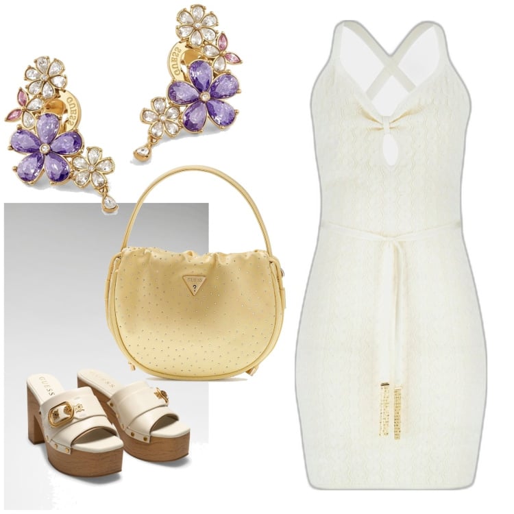 Outfit mujer - Sexy look. Estilo Sexy para Todos los días. Combinación con bolsos de mano, vestidos cortos, zapatos de cuña, pendientes.