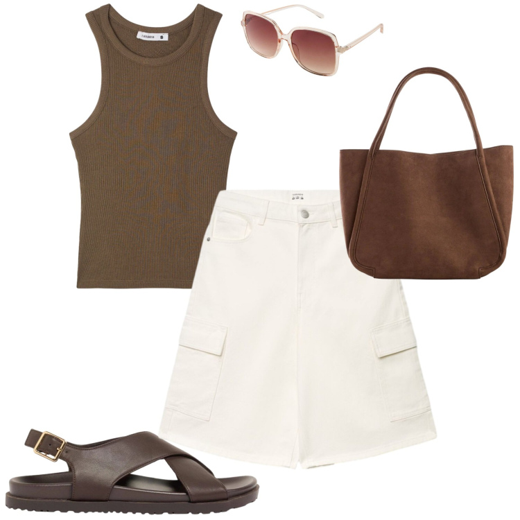 Outfit donna - Al mare. Stile Casual per Mare. Abbinamento con occhiali da sole, sandali in pelle, shopping bag, pantaloni corti, canottiere.