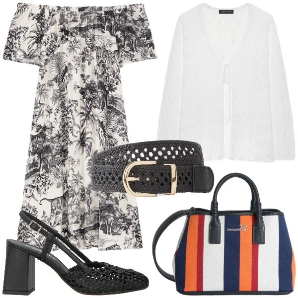 Outfit donna - Stampe tropicali. Stile Casual chic per Tutti i giorni. Abbinamento con décolleté, cinture, shopping bag, cardigans, vestiti corti.