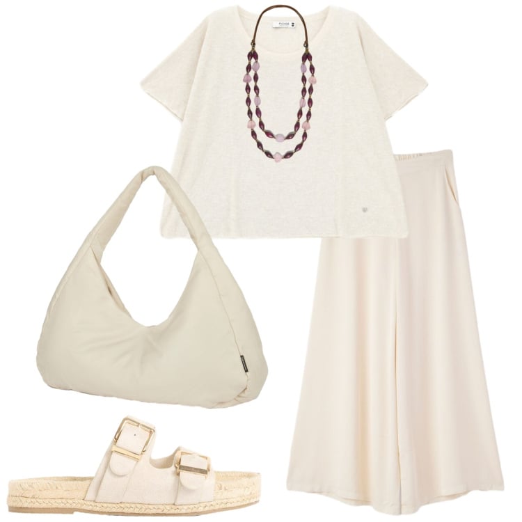 Outfit donna - Colori chiari. Stile Basic per Tutti i giorni. Abbinamento con ciabatte, pantaloni, top, collane, borse a spalla.