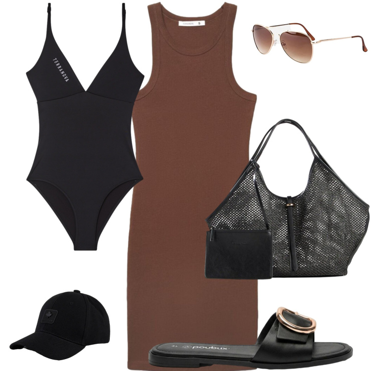 Outfit donna - Vita di mare.... Stile Casual per Mare. Abbinamento con shopping bag, ciabatte, occhiali da sole, vestiti midi/longuette, costumi interi, cappelli con visiera.
