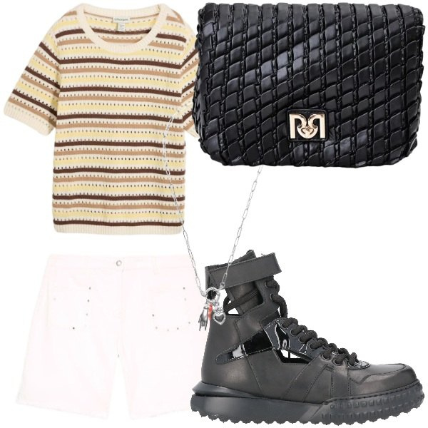 Outfit donna - casual. Abbinamento con stivaletti, t-shirt, borse a tracolla, shorts, ciondoli.
