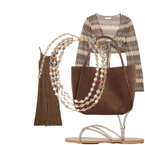 Outfit donna - casual. Abbinamento con shopping bag, sandali, blazer, vestiti lunghi, collane.