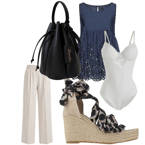 Outfit donna - serata fuori. Abbinamento con top, espadrillas, body, pantaloni, borse a secchiello.