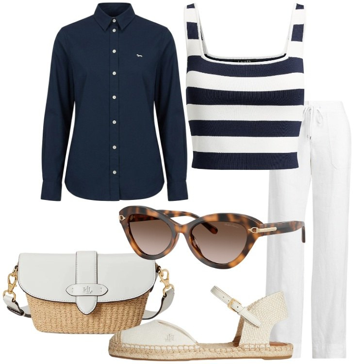 Outfit donna - Riviera Chic. Stile Bon Ton per Tutti i giorni. Abbinamento con camicie, pantaloni, occhiali da sole, top, borse a spalla, espadrillas.