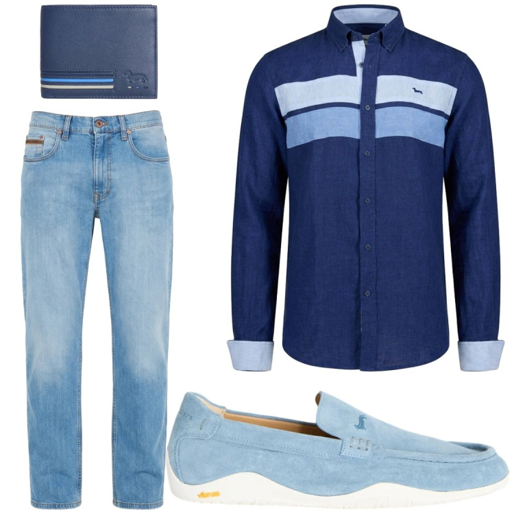 Outfit uomo - Total look #2441108. Stile Trendy per Ufficio. Abbinamento con jeans, portafogli, scarpe stringate, camicie.