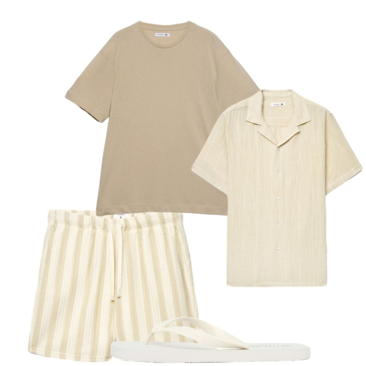 Outfit uomo - Free time @Terranova. Stile Casual per Tutti i giorni. Abbinamento con t-shirt, sandali, pantaloni corti, camicie a manica corta.