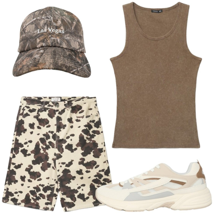 Outfit uomo - Free time. Stile Casual per Tutti i giorni. Abbinamento con sneakers, cappelli con visiera, bermuda, canottiere.