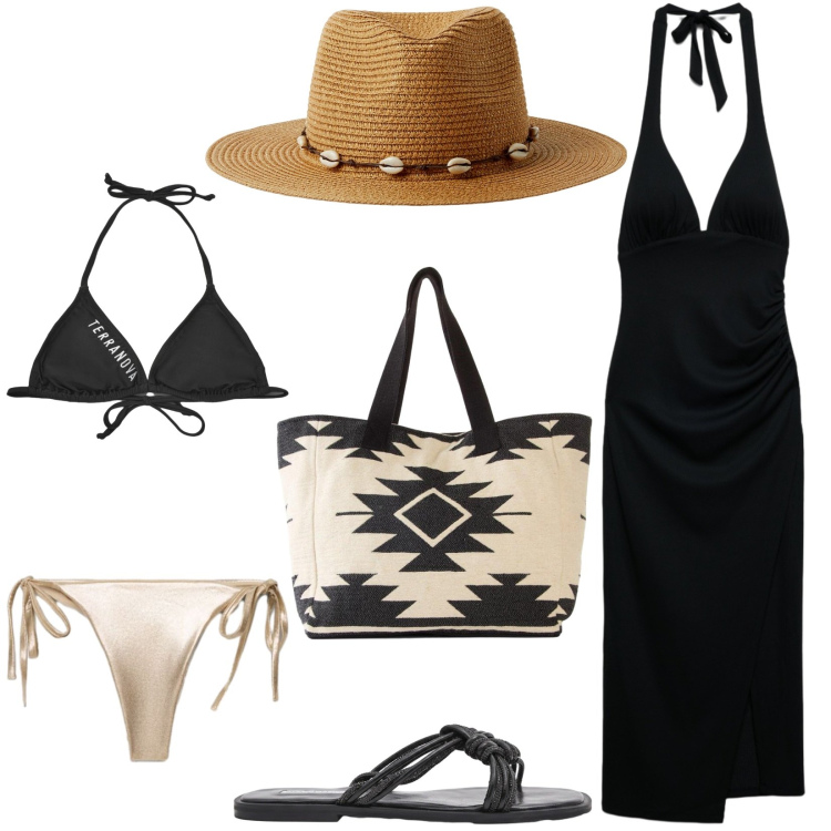 Outfit donna - Mare e aperitivo. Stile Chic per Mare. Abbinamento con shopping bag, vestiti midi/longuette, bikini, bikini, cappelli, sandali.