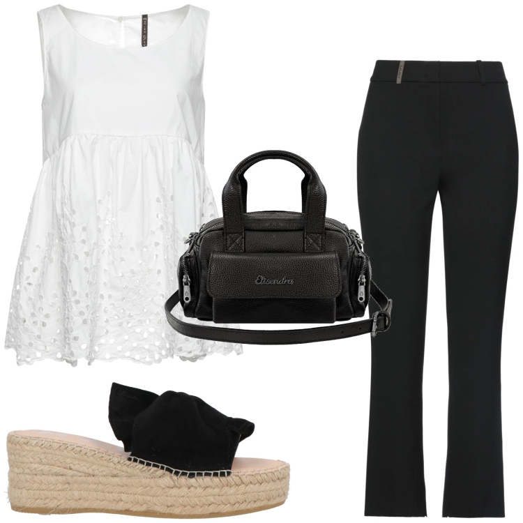 Outfit donna - In partenza per le vacanze. Stile Chic per Tutti i giorni. Abbinamento con top, pantaloni, espadrillas, borse a mano.