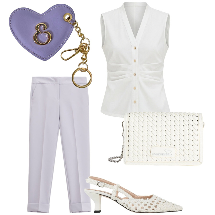 Outfit donna - Total look #2441124. Stile Chic per Ufficio. Abbinamento con décolleté, borse a tracolla, portachiavi, pantaloni, camicie a manica corta.
