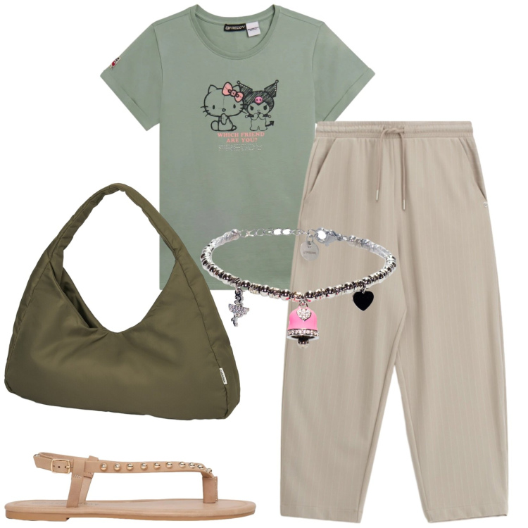 Outfit donna - Total look #2441127. Stile Casual per Tutti i giorni. Abbinamento con ciabatte, pantaloni, t-shirt, braccialetti, borse a spalla.