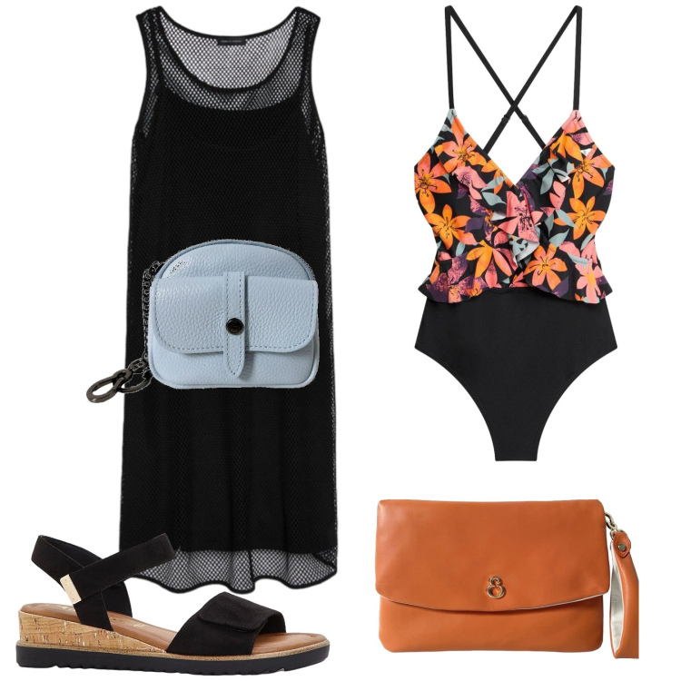 Outfit donna - Total look #2441129. Stile Vintage retrò per Mare. Abbinamento con costumi interi, sandali, pochette, portachiavi, vestiti corti.