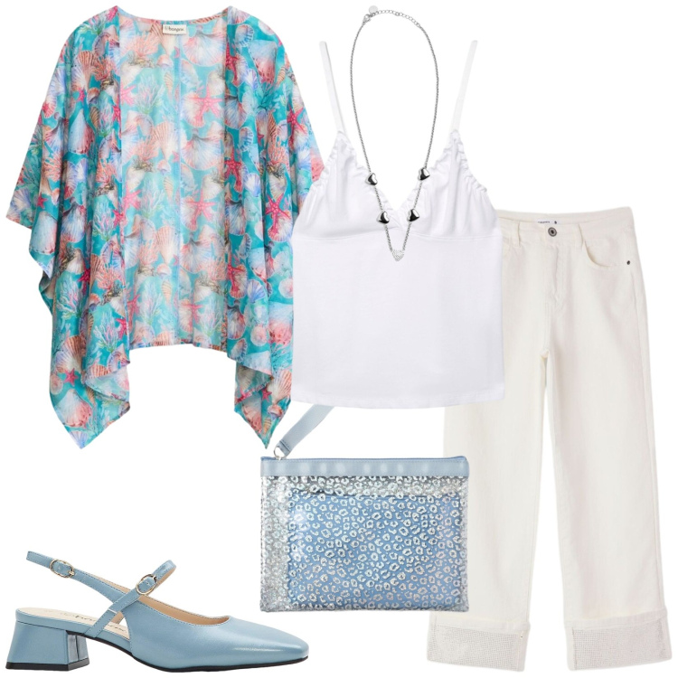 Outfit donna - Total look #2441132. Stile Casual chic per Ufficio. Abbinamento con décolleté, kimono, jeans, pochette, canottiere, collane.