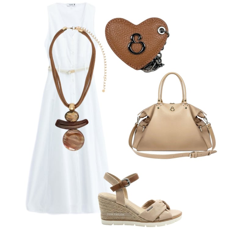Outfit donna - Ischia. Stile Trendy per Tutti i giorni. Abbinamento con sandali col tacco, shopping bag, portachiavi, ciondoli, vestiti lunghi.