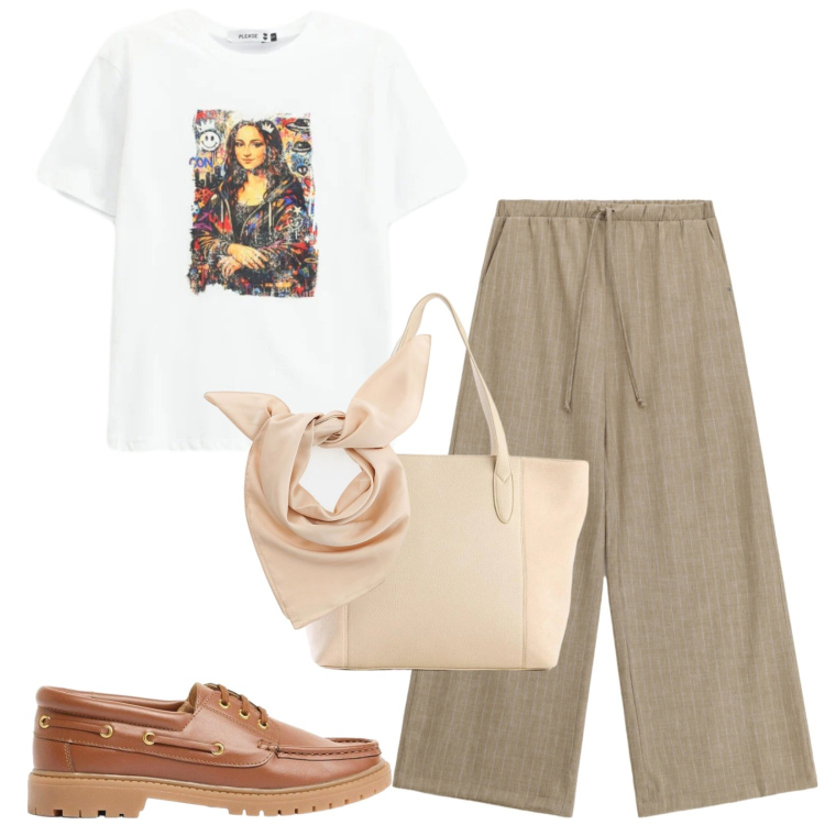 Outfit donna - Total look #2441136. Stile Casual per Tutti i giorni. Abbinamento con mocassini, shopping bag, t-shirt, foulard, pantaloni a palazzo.
