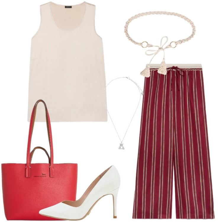 Outfit donna - Total look #2441139. Stile Casual chic per Tutti i giorni. Abbinamento con shopping bag, ciondoli, canottiere, pantaloni, cinture, décolleté.