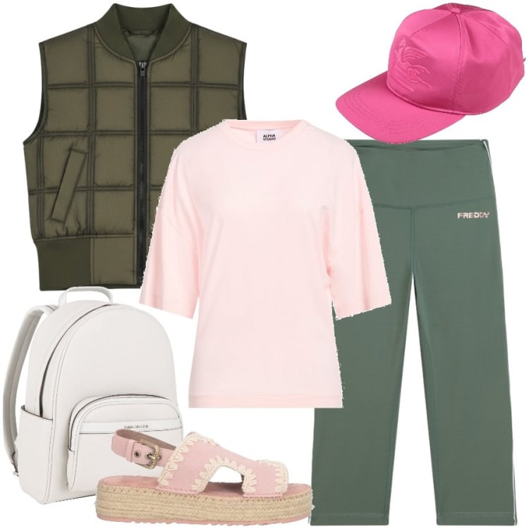 Outfit donna - Total look #2441143. Stile Casual chic per Tutti i giorni. Abbinamento con espadrillas, t-shirt, zaini, cappelli con visiera, leggings, piumini.