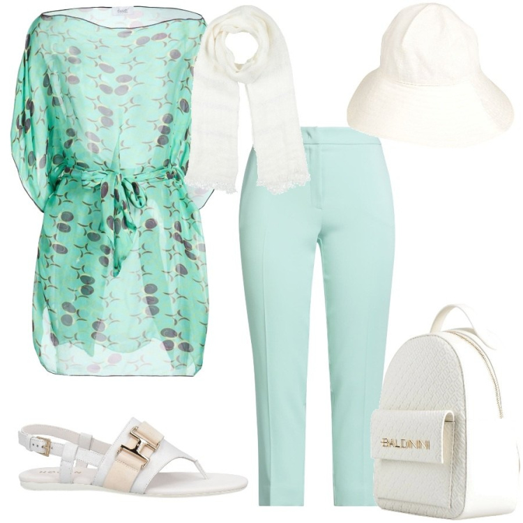 Outfit donna - Total look #2441144. Stile Casual chic per Tutti i giorni. Abbinamento con zaini, cappelli, top, sciarpe, pantaloni, infradito.