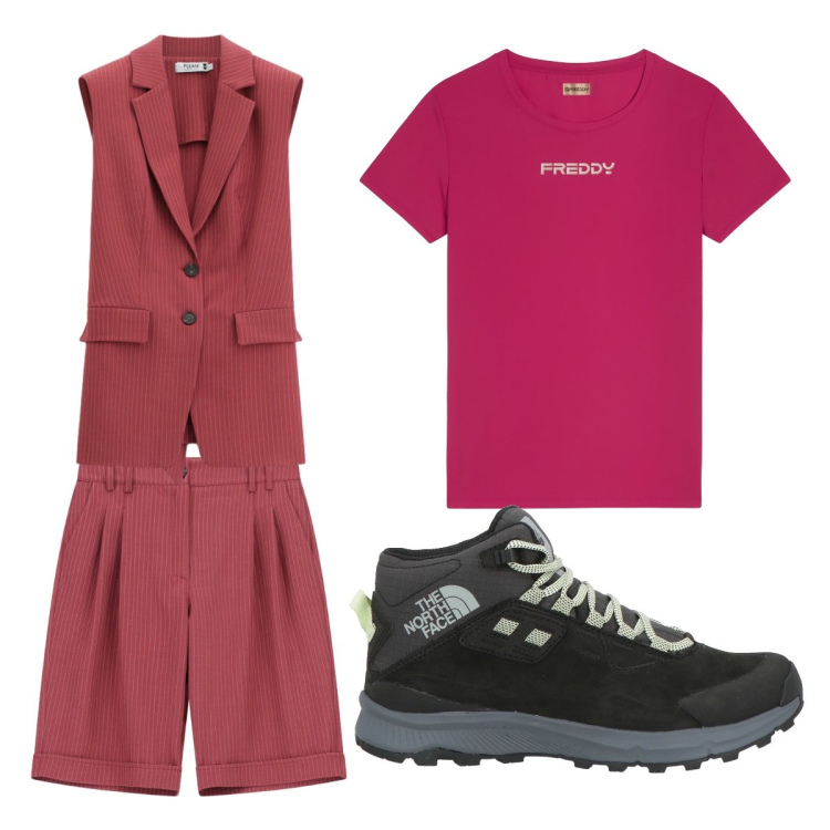Outfit donna - Gilet+short. Stile Sporty chic per Tutti i giorni. Abbinamento con stivaletti, t-shirt, gilet, bermuda.