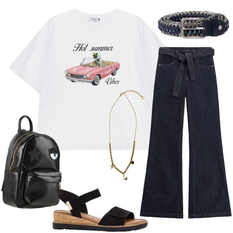Outfit donna - Total look #2441149. Stile Casual chic per Tutti i giorni. Abbinamento con zaini, sandali, ciondoli, cinture, jeans a zampa, t-shirt.