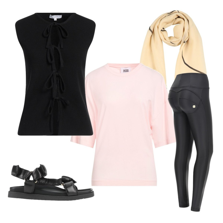 Outfit donna - Luglio. Stile Minimal per Scuola/Università. Abbinamento con t-shirt, sciarpe, sandali, cardigans, pantaloni skinny.