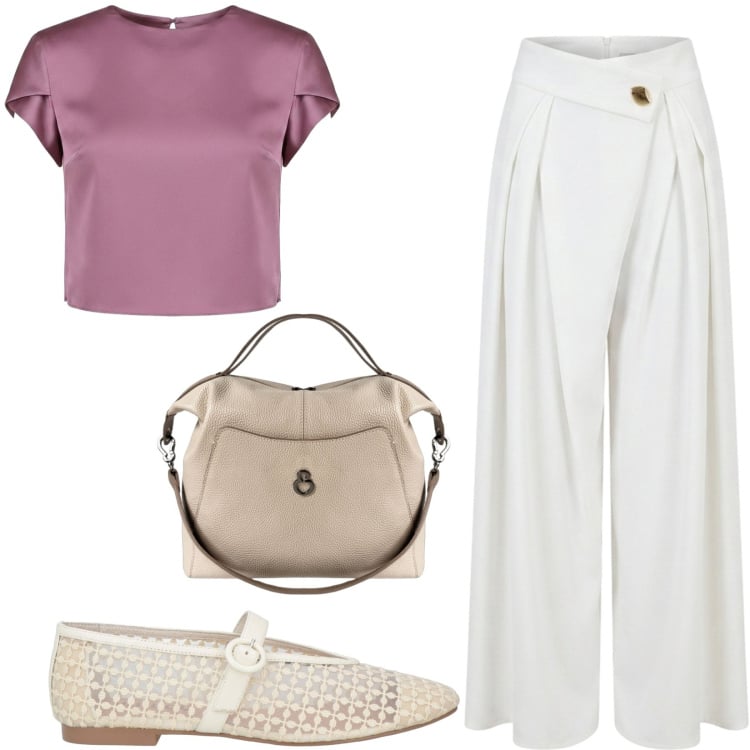 Outfit donna - Total look #2441151. Stile Chic per Tutti i giorni. Abbinamento con ballerine, t-shirt, pantaloni a palazzo, borse a mano.