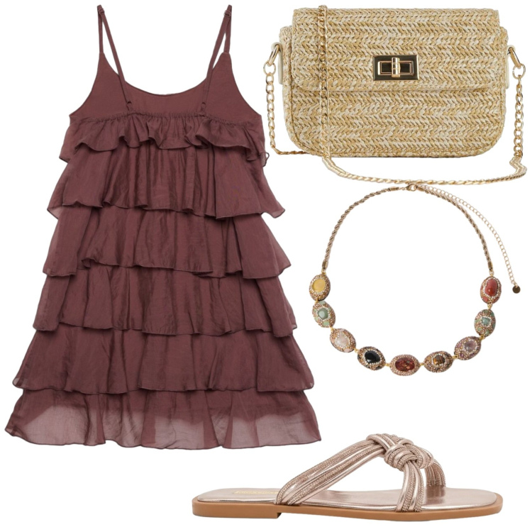 Outfit donna - Serata frou frou. Stile Trendy per Serata fuori. Abbinamento con borse a tracolla, vestiti corti, sandali, collane.