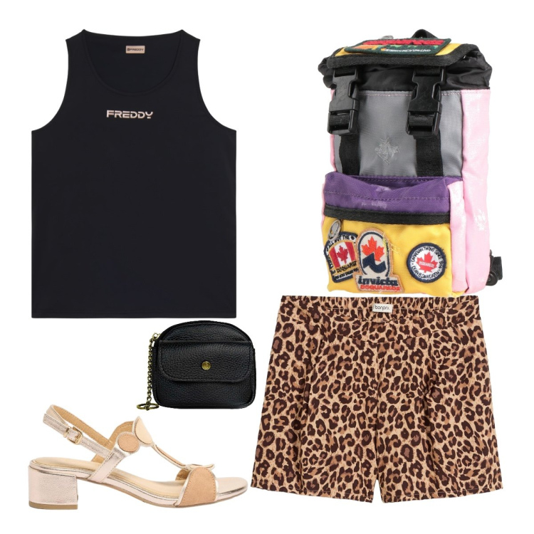 Outfit donna - Faccende mattutine. Stile Trendy per Tutti i giorni. Abbinamento con zaini, sandali col tacco, shorts, portachiavi, canottiere.