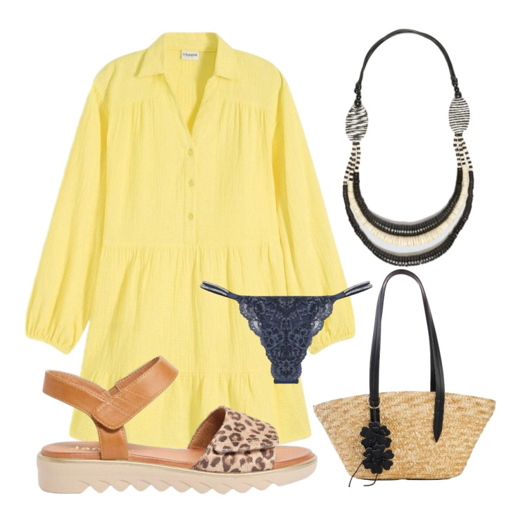 Outfit donna - Giallo estate. Stile Etnico per Tutti i giorni. Abbinamento con vestiti corti, shopping bag, sandali, perizomi, collane.