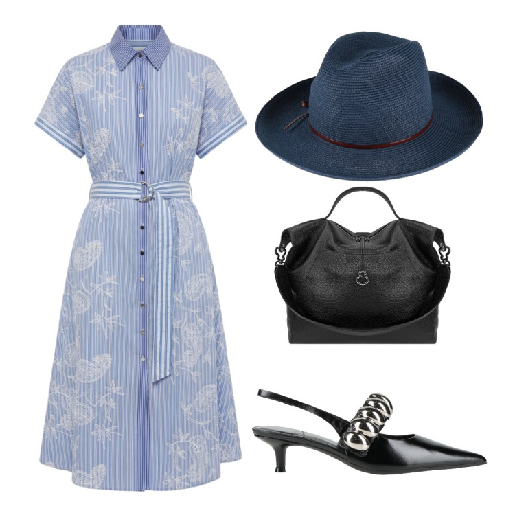 Outfit donna - A pranzo dopo la cerimonia. Stile Bon Ton per Cerimonia. Abbinamento con décolleté, cappelli, vestiti chemisier, borse a spalla.