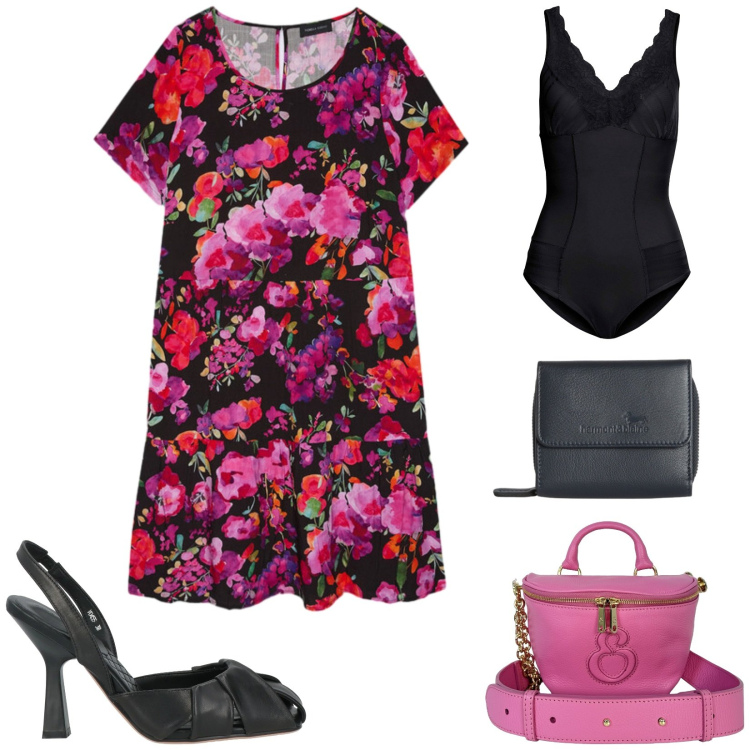 Outfit donna - Total look #2441170. Stile Chic per Serata fuori. Abbinamento con décolleté, body, portafogli, borse a tracolla, vestiti corti.
