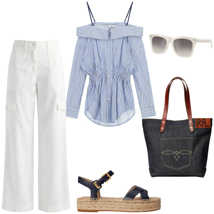 Outfit donna - La camicia a righe.. Stile Casual chic per Tutti i giorni. Abbinamento con pantaloni cargo, borse tote, occhiali da sole, espadrillas, camicie.