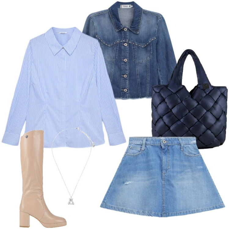 Outfit donna - Total look #2441178. Stile Casual chic per Tutti i giorni. Abbinamento con stivali, blazer, minigonne, camicie, ciondoli, borse tote.