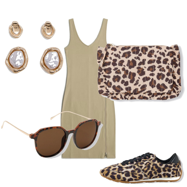Outfit femme - Léo and co. Style Basique pour Tous les jours. Assortir avec sneakers, robes asymétriques, pochette, lunettes de soleil, boucles d'oreilles.