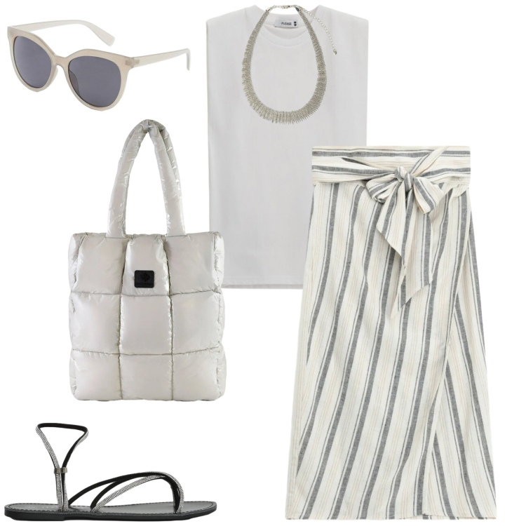 Outfit donna - Luglio. Stile Urban per Ufficio. Abbinamento con occhiali da sole, sandali, collane, shopping bag, gonne longuette, top.