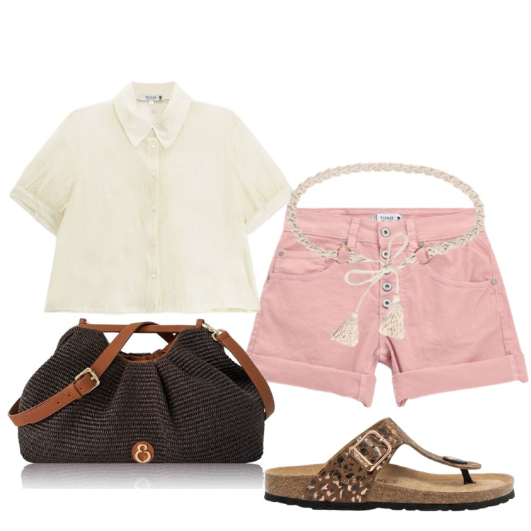Outfit donna - Glamour estivo. Stile Glamour per Serata fuori. Abbinamento con infradito, clutch, cinture, camicie a manica corta, shorts.