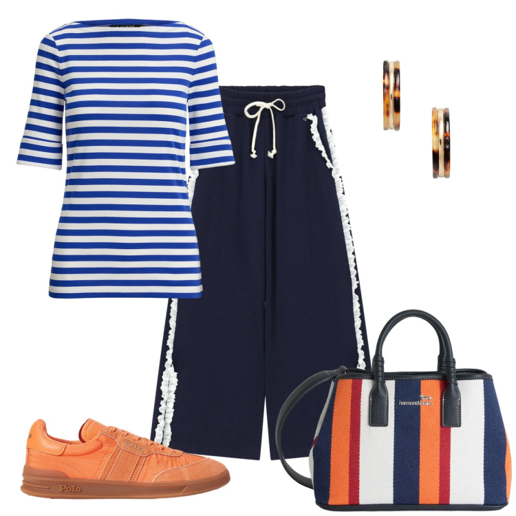 Outfit donna - Total look #2441186. Stile Casual chic per Tutti i giorni. Abbinamento con shopping bag, orecchini, sneakers, t-shirt, pantaloni a palazzo.