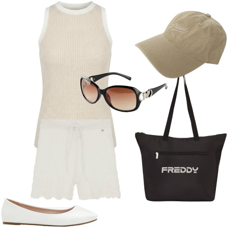 Outfit donna - Total look #2441193. Stile Sporty chic per Tutti i giorni. Abbinamento con ballerine, occhiali da sole, shopping bag, cappelli, shorts, canottiere.