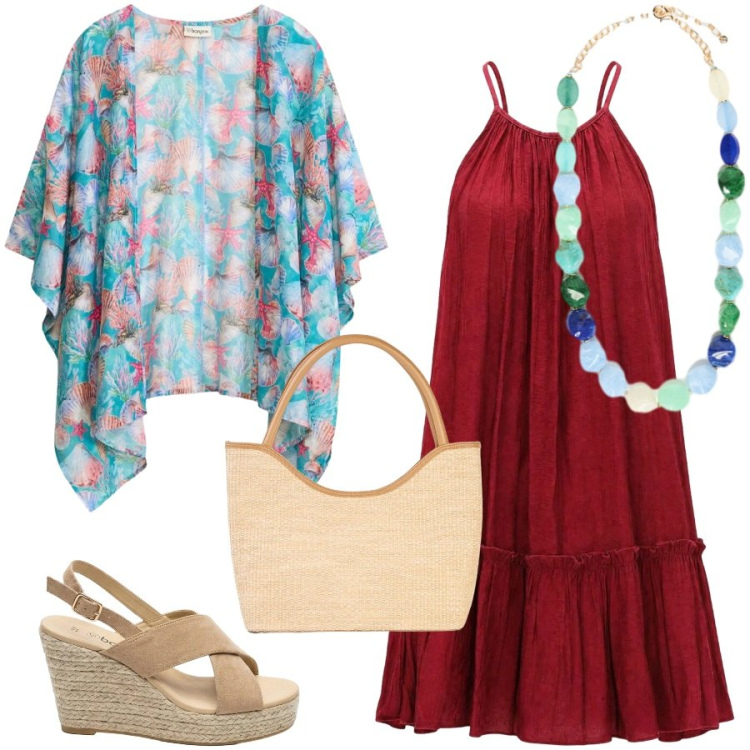 Outfit donna - In vacanza. Stile Casual per Tutti i giorni. Abbinamento con sandali col tacco, kimono, shopping bag, vestiti corti, collane.