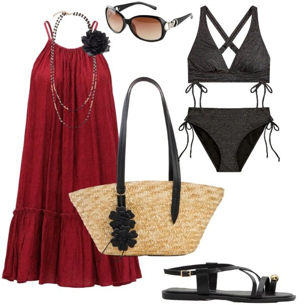 Outfit donna - Total look #2441195. Stile Glamour per Mare. Abbinamento con bikini, shopping bag, sandali, occhiali da sole, vestiti corti, collane.