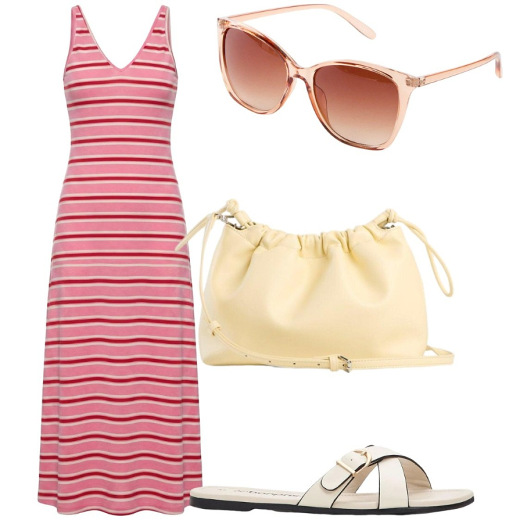 Outfit donna - Vestiti I am. Stile Basic per Tutti i giorni. Abbinamento con ciabatte, occhiali da sole, borse a tracolla, vestiti lunghi.