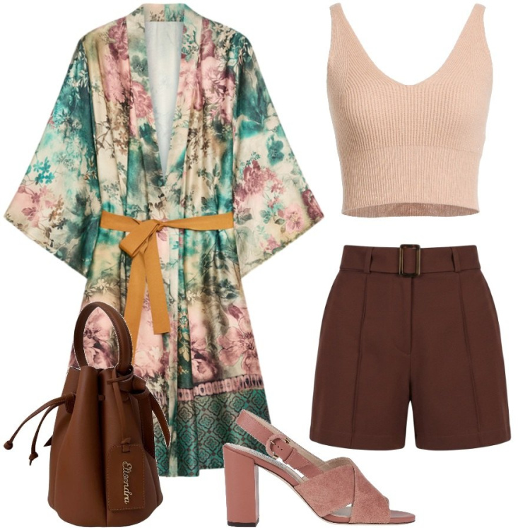 Outfit donna - Total look #2441198. Stile Boho per Serata fuori. Abbinamento con sandali in pelle, top, borse a secchiello, kimono, shorts.