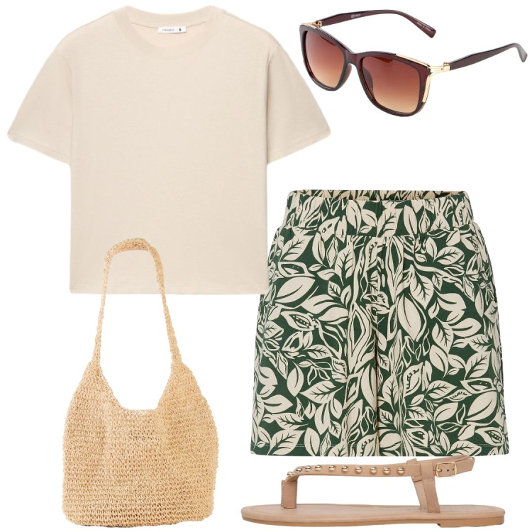 Outfit donna - Pomeriggi estivi. Stile Basic per Tutti i giorni. Abbinamento con shorts, shopping bag, occhiali da sole, t-shirt, ciabatte.