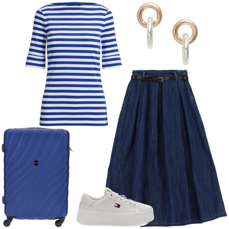 Outfit donna - Total look #2441200. Stile Casual per Tutti i giorni. Abbinamento con orecchini, t-shirt, gonne, sneakers, valigie.